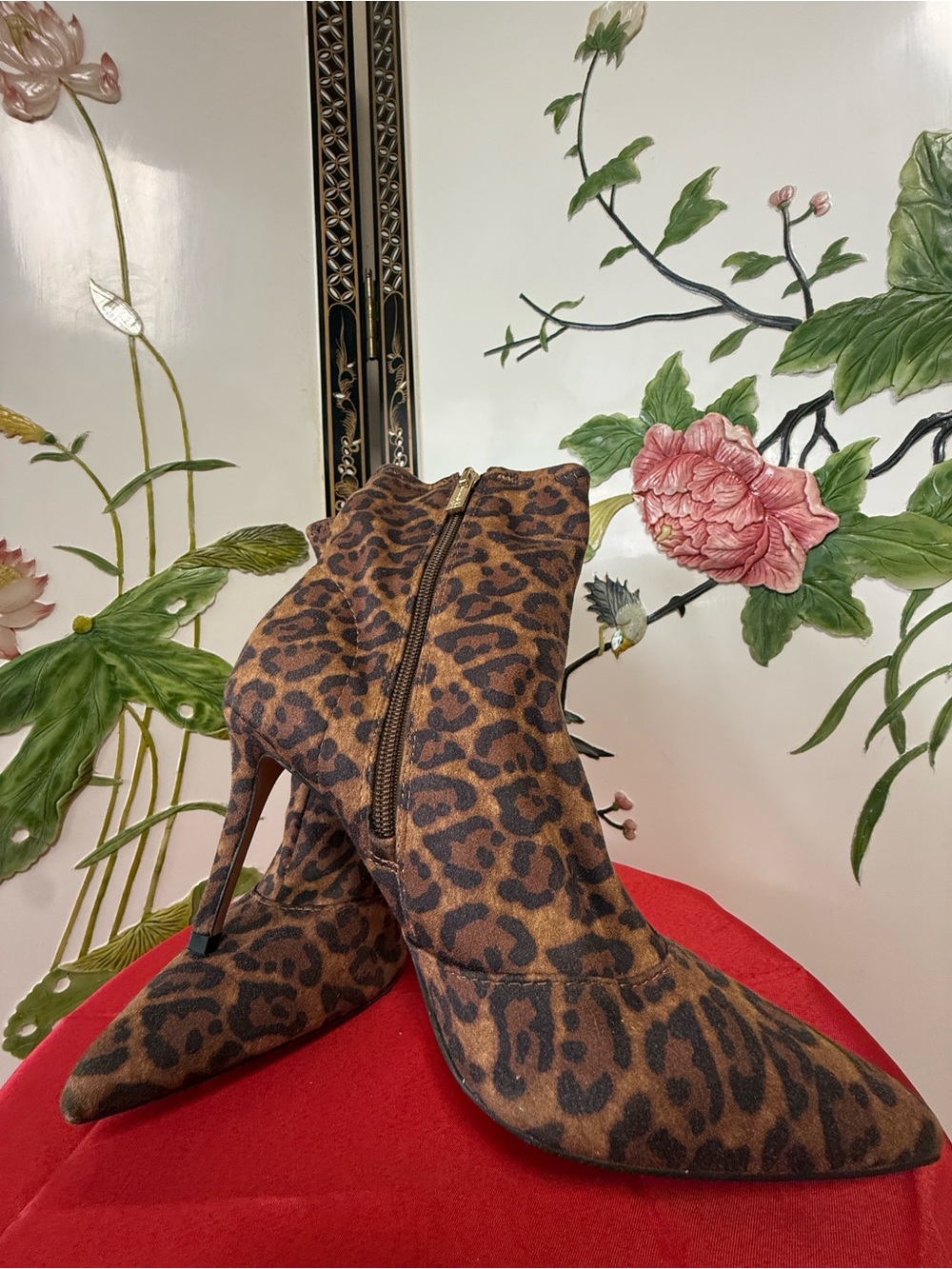 Jessica Simpson Alliye Leopard Print Ankle Boots Pointed Toe Side Zip Mid Heel